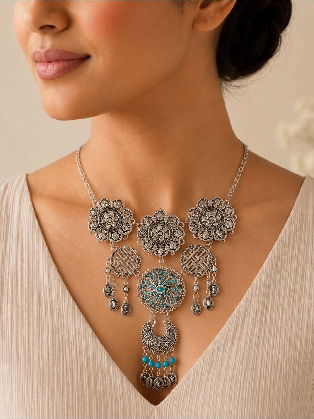 Bohemian Silver-Tone Floral Statement Necklace with Turquoise Accents